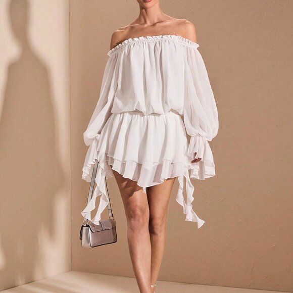 White Boho Women's Elegant French Style Off-Shoulder Long Sleeve Shirt Dress - Picture 4 of 9